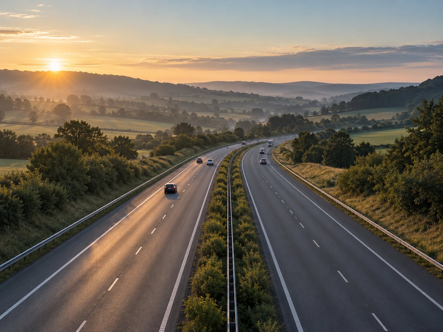 Autoroute traversant une campagne vallonnée au lever du soleil
