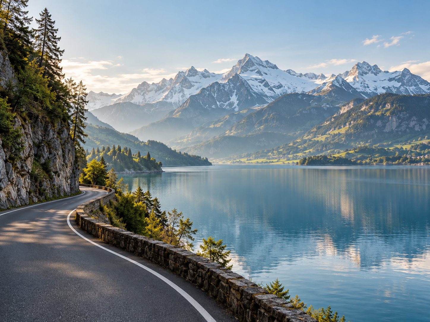 Route longeant un lac de montagne sous un ciel clair