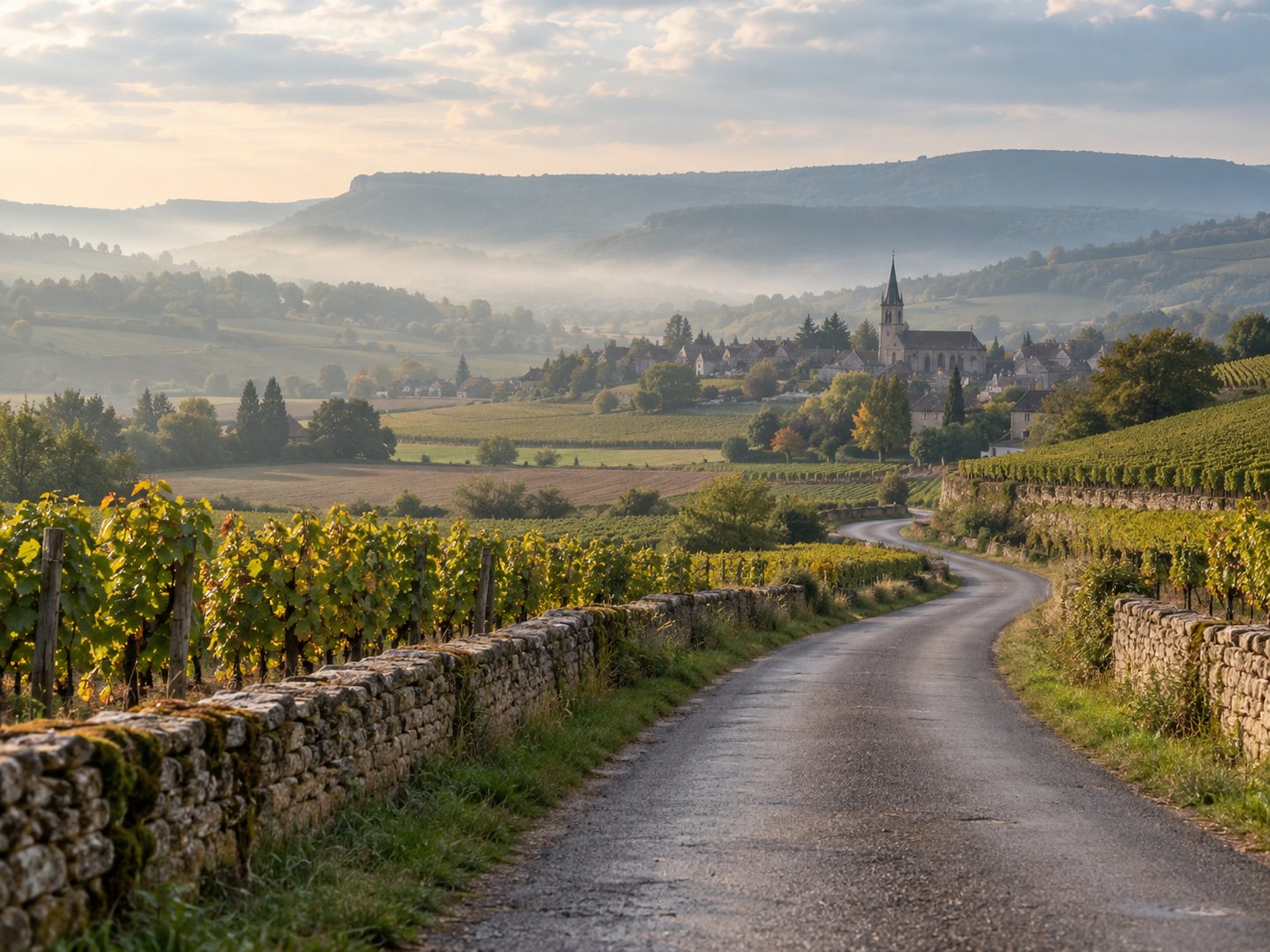 Route de campagne bordée de vignes et de champs